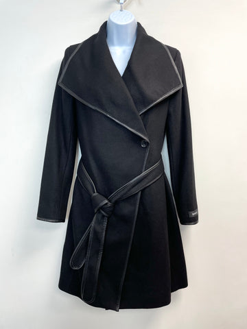 DKNY Women's Wool Blend Leather Trim Wrap Coat